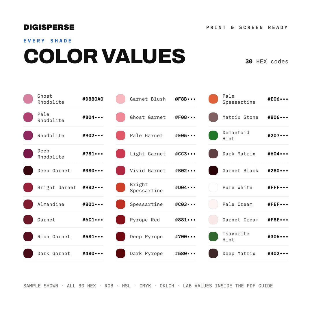 Garnet Color Palette | 30 Deep Red Shades, HEX, RGB, CMYK, Procreate (Digital Download - ase)
