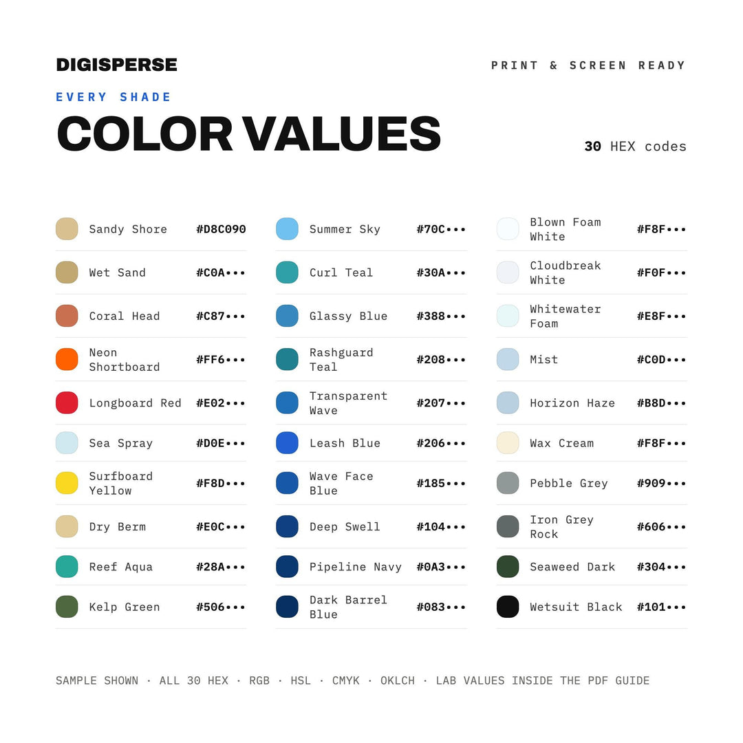 Shore Break Surf Color Palette | 30 Procreate Swatches, Hex, RGB, CMYK, ASE (Digital Download)