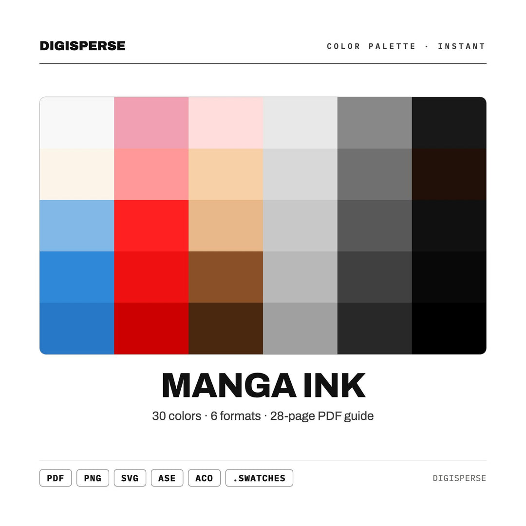 Manga Ink Color Palette | 30 Procreate Swatches, ASE, PDF Guide (Digital Download)