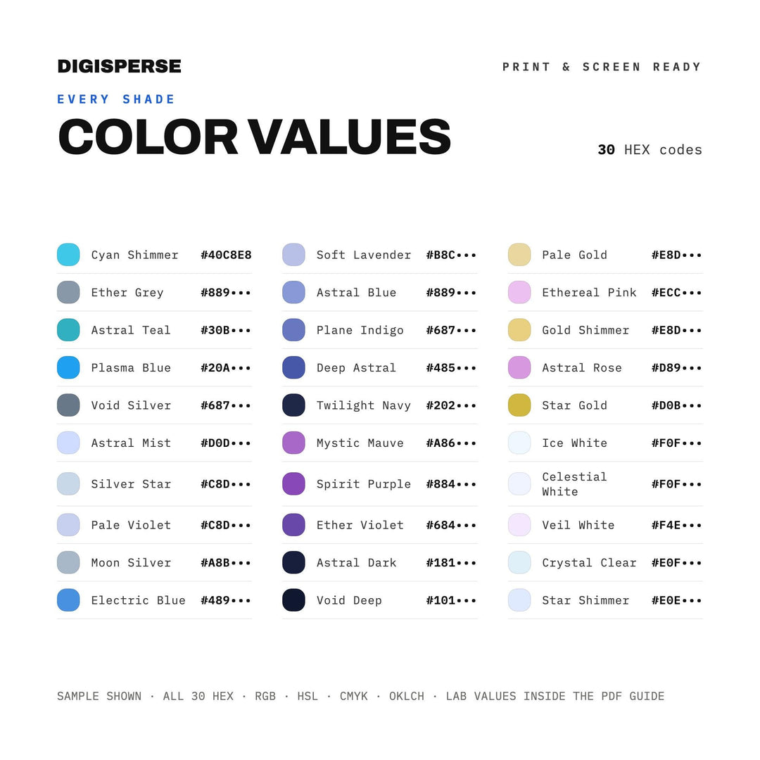 Mystical Violet Color Palette for Spiritual Art and Dreamy Celestial Branding, 30 Astral Plane Hues, Procreate Swatches, Hex Codes