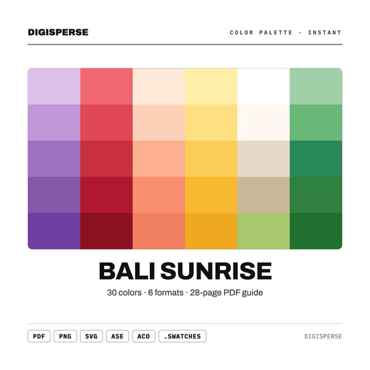 Warm Tropical Color Palette for Beach Travel Art and Island Resort Branding, 30 Bali Sunrise Hues, Procreate Swatches, Hex Codes