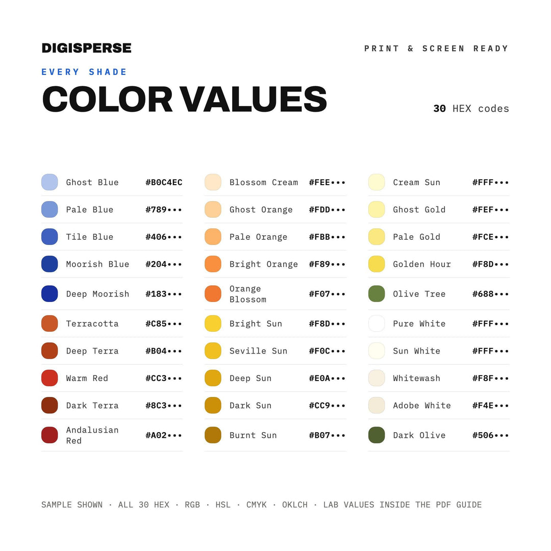 Andalusian Sun Color Palette | 30 Warm Tones, Procreate, ASE (Digital Download)