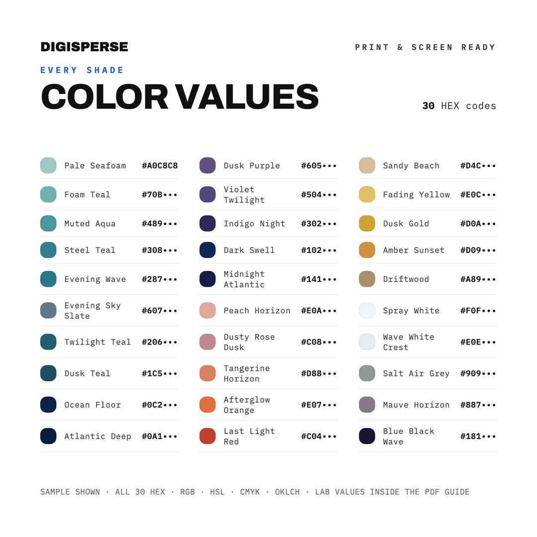 Atlantic Twilight Waves Color Palette | 30 Moody Coastal Hues (Procreate, ASE)