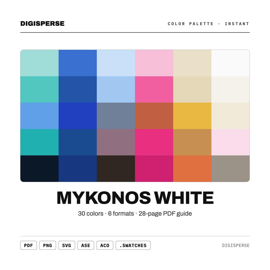 Mykonos White Color Palette | 30 Procreate Swatches, HEX, RGB, CMYK (Digital Download)