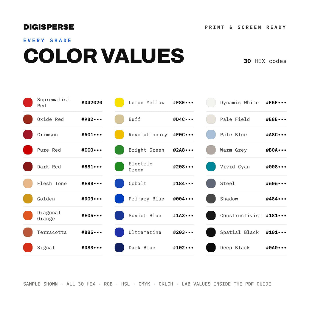 Bold Experimental Color Palette for Modern Art Prints and Edgy Fashion Branding, 30 Avant Garde Hues, Procreate Swatches, Hex Codes