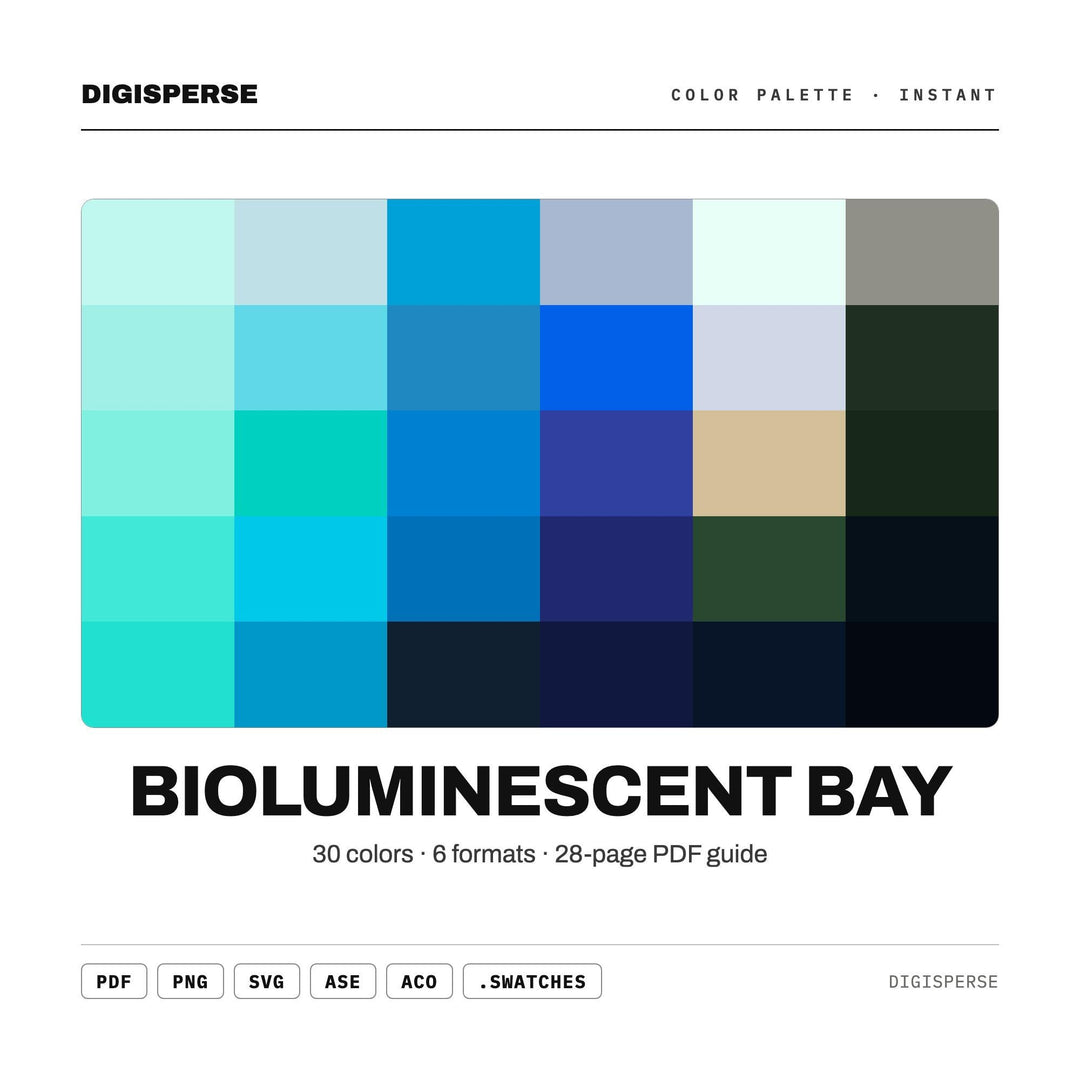 Bioluminescent Bay Color Palette | 30 Colors | Hex RGB CMYK | Procreate Swatches + ASE | Digital Download