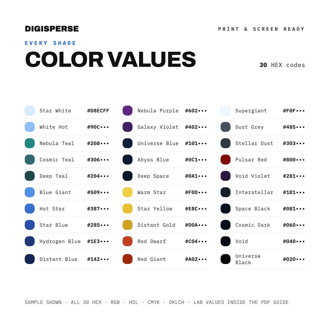 Cosmic Night Color Palette for Galaxy Art and Celestial Branding, 30 Deep Universe Nebula Hues with Hex Codes, Procreate Swatches