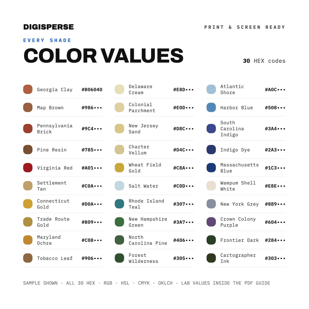 Thirteen Original Colonies Color Palette | 30 Colors | Hex RGB CMYK | Procreate Swatches + ASE | Digital Download