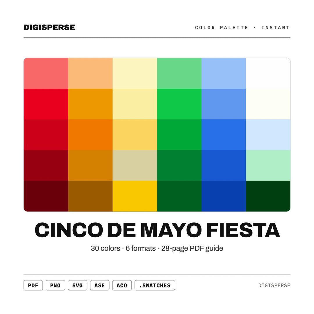 Vibrant Festive Color Palette for Mexican Fiesta Art and Celebration Branding, 30 Cinco Mayo Hues, Procreate Swatches
