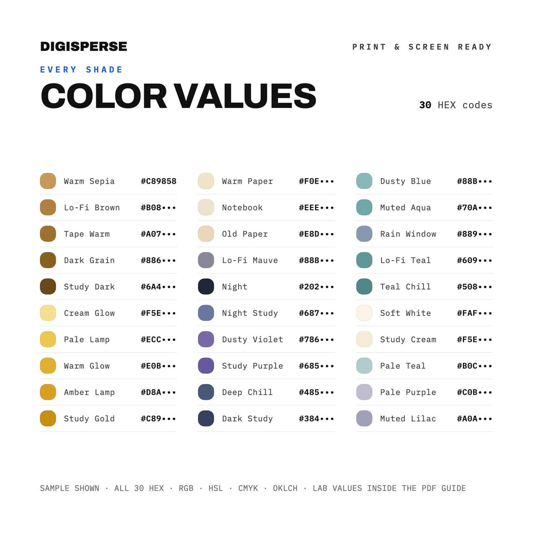 Lo-Fi Hip Hop Color Palette | 30 Colors, Hex, RGB, CMYK (Digital Download)