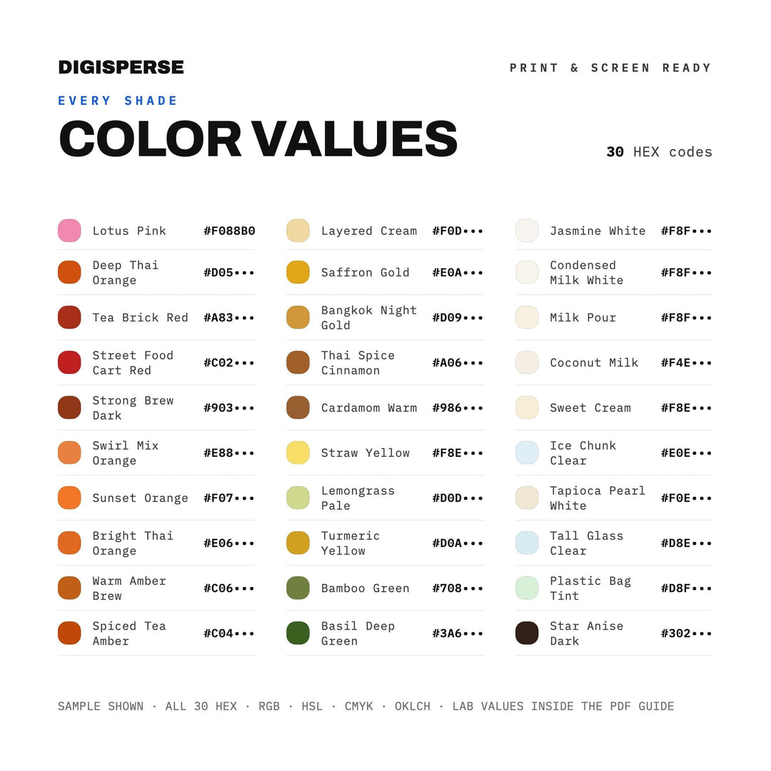 Thai Iced Tea Color Palette | 30 Colors | Hex RGB CMYK | Procreate Swatches + ASE | Digital Download