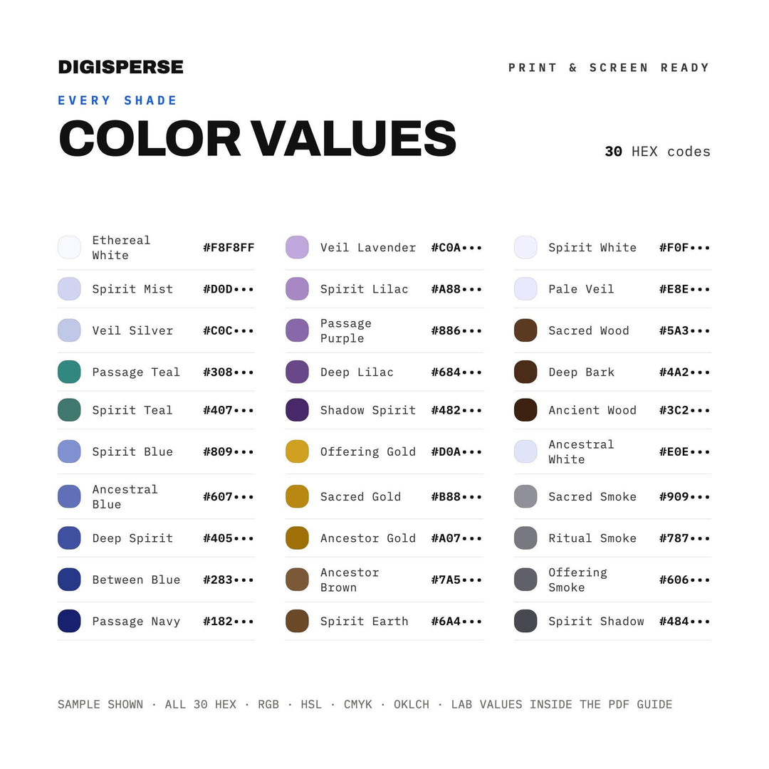Spirit World Color Palette | 30 Colors | Hex RGB CMYK | Color Guide | Procreate Swatches + ASE | Digital Download