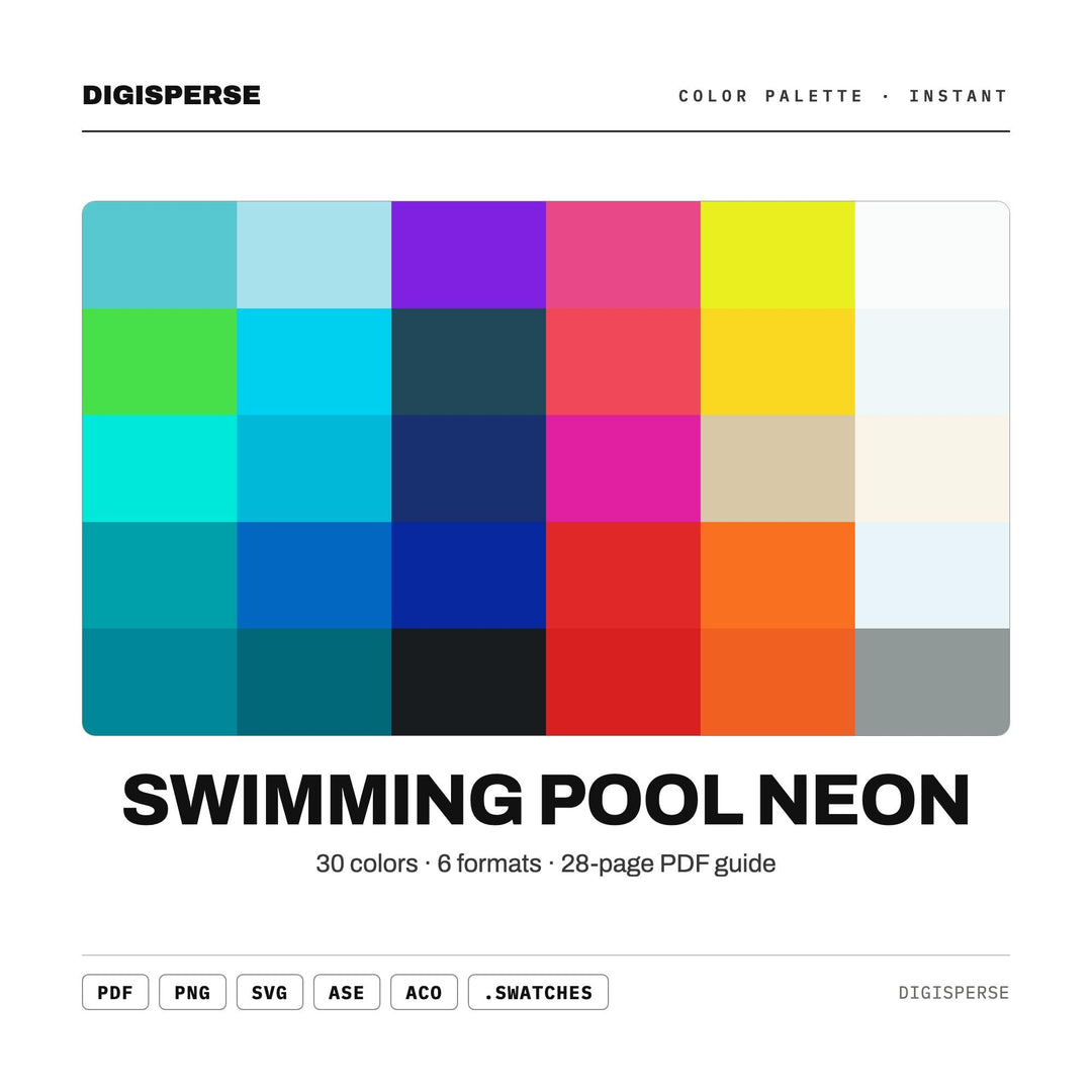 Swimming Pool Neon Color Palette | 30 Colors | Hex RGB CMYK | Color Guide | Procreate Swatches + ASE | Digital Download