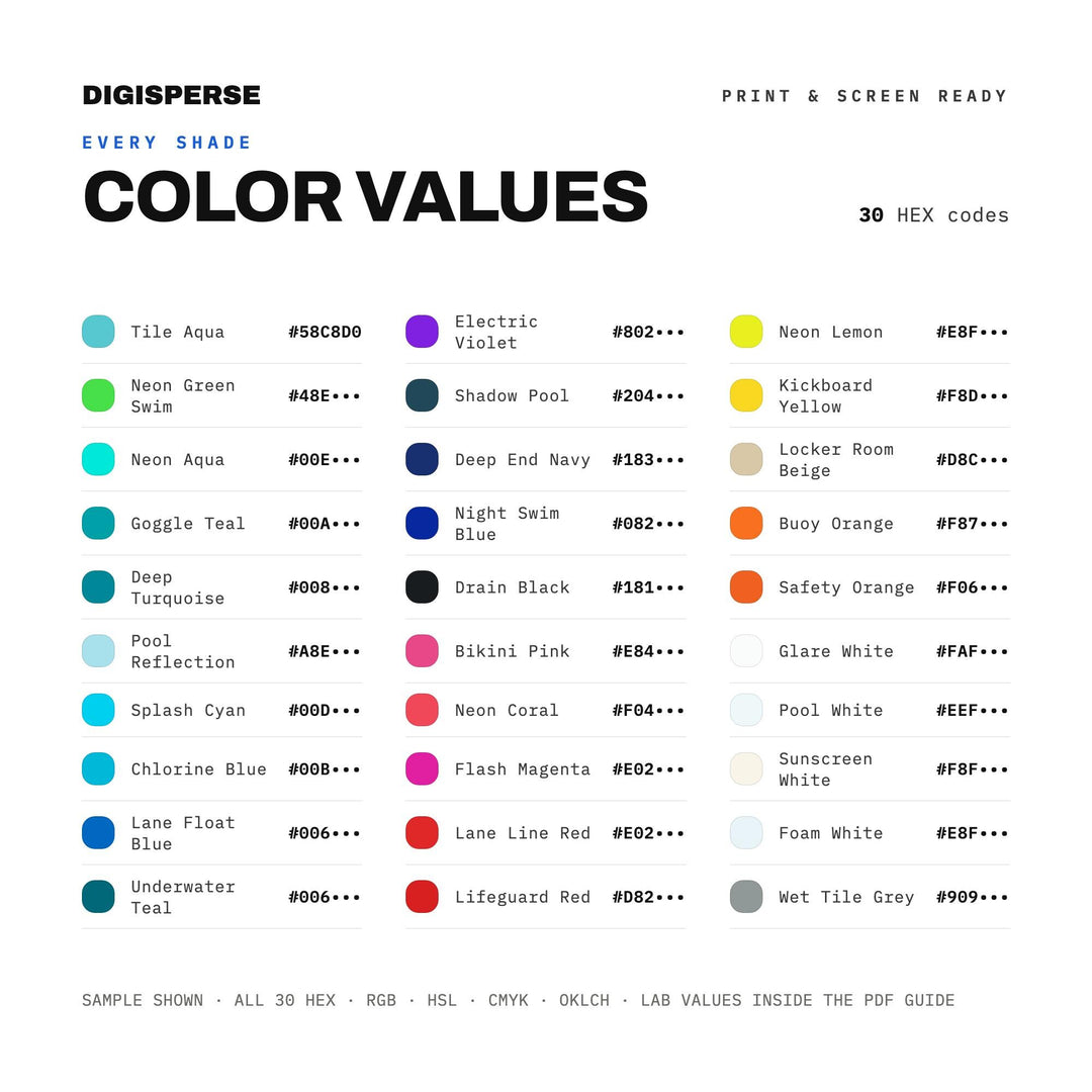 Swimming Pool Neon Color Palette | 30 Colors | Hex RGB CMYK | Color Guide | Procreate Swatches + ASE | Digital Download