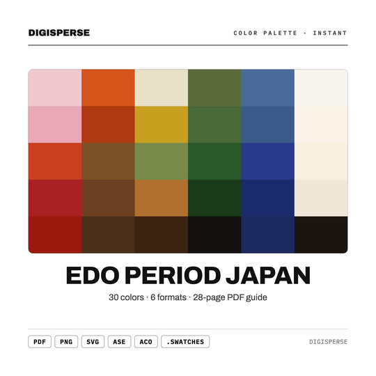 Ukiyo-e Color Palette for Japanese Woodblock Art and Traditional Branding, 30 Edo Period Muted Hues, Procreate Swatches, Hex Codes