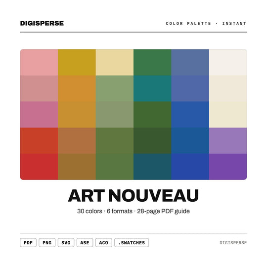 Art Nouveau Color Palette | 30 Colors | Hex RGB CMYK | Color Guide | Procreate Swatches + ASE | Digital Download