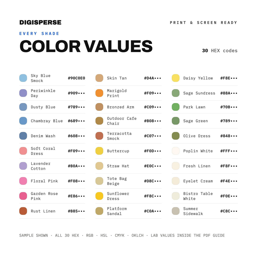 Sundress Season Color Palette | 30 Colors | Hex RGB CMYK | Procreate Swatches + ASE | Digital Download