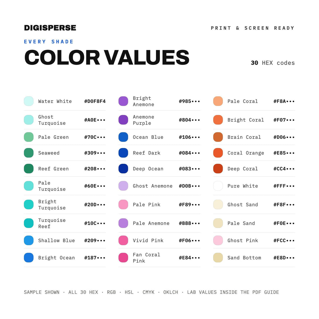 Great Barrier Reef Color Palette | 30 Procreate Swatches, Hex, RGB, CMYK (Digital Download)