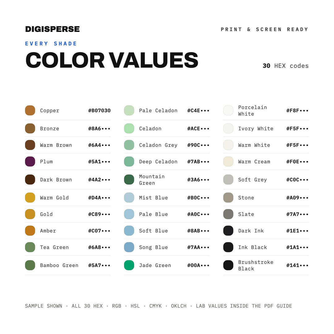 Song Dynasty Color Palette | 30 Colors | Hex RGB CMYK | Color Guide | Procreate Swatches + ASE | Digital Download