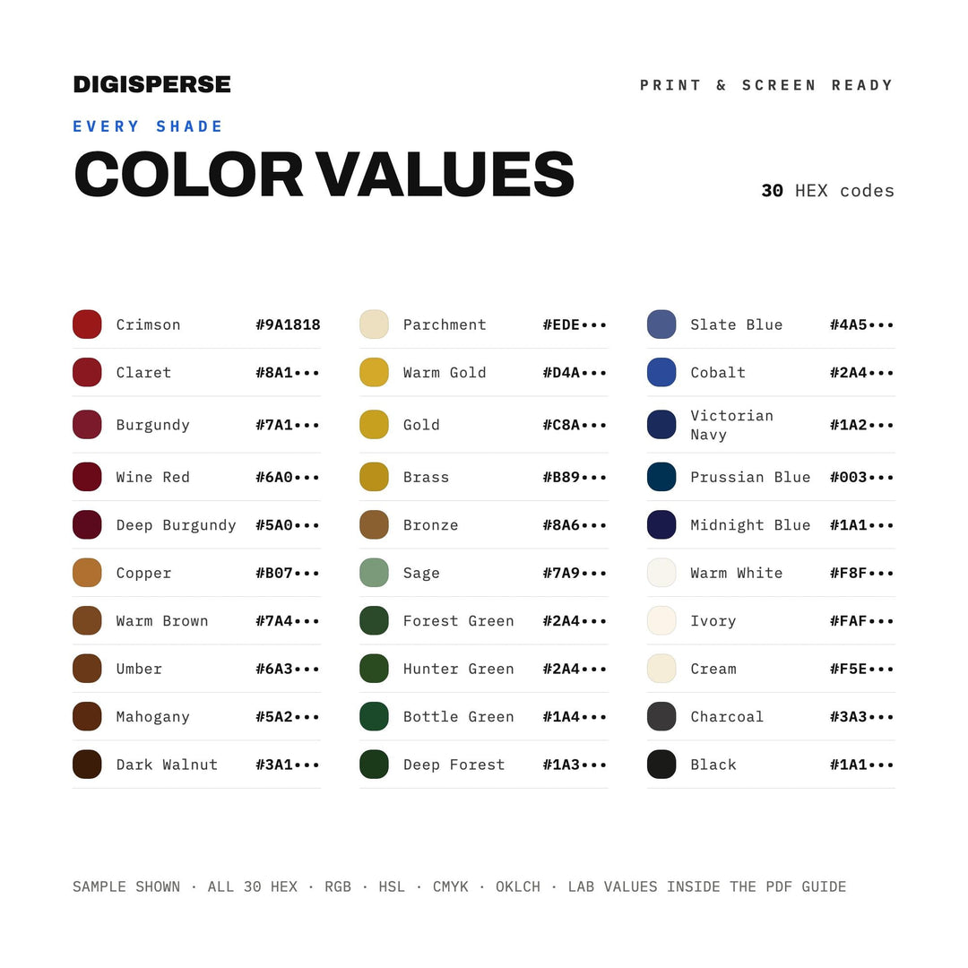 Victorian England Color Palette | 30 Procreate Swatches, HEX, RGB, CMYK (Digital Download)
