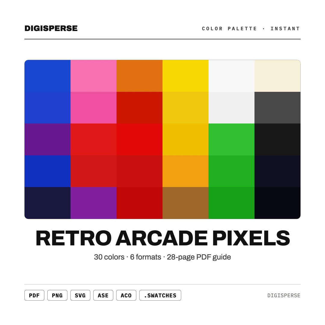 Retro Arcade Pixels Color Palette | 30 Procreate Swatches, ASE, PDF Guide (Digital Download)