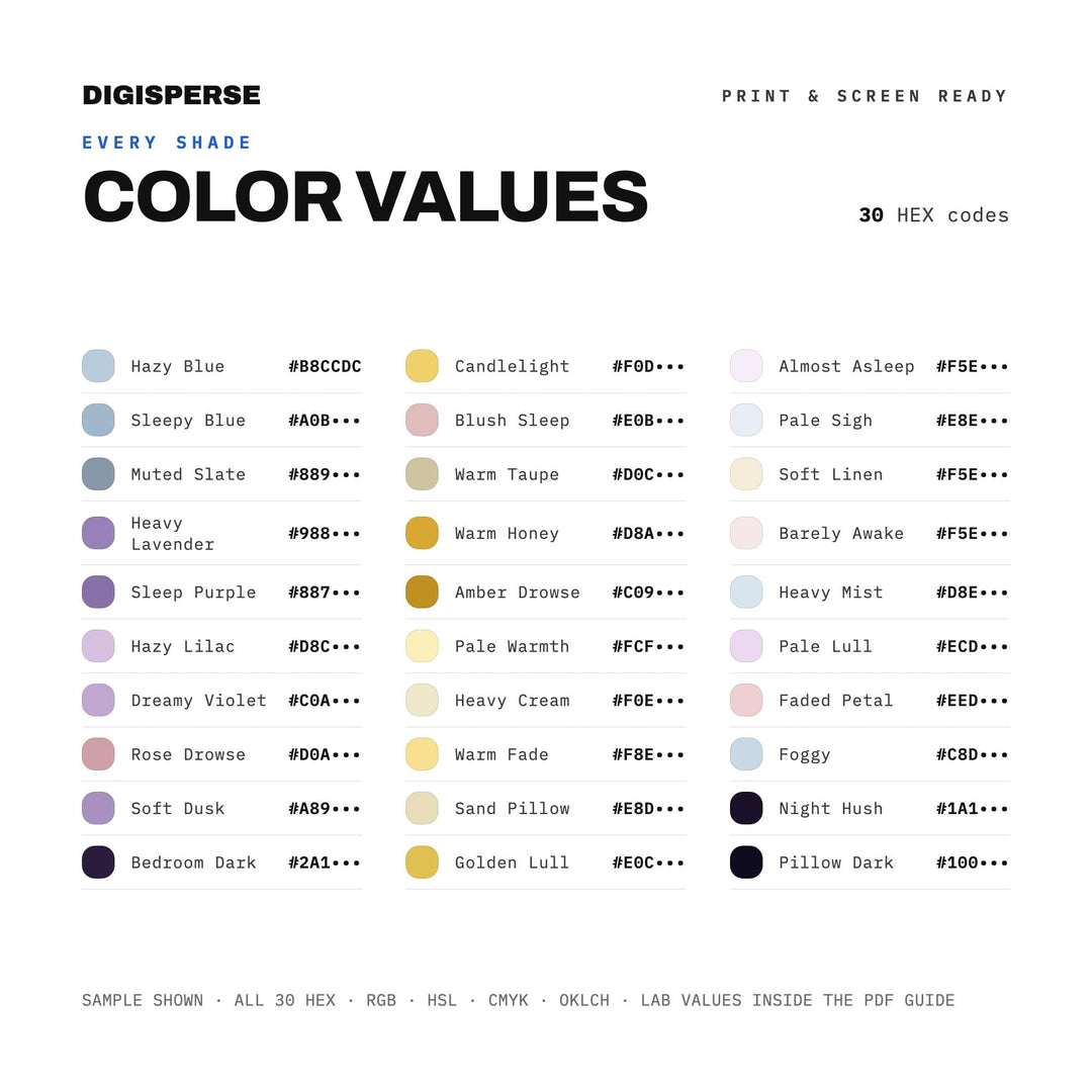 Soft Muted Color Palette for Cozy Sleepy Art and Calm Bedroom Branding, 30 Drowsy Dusk Hues, Procreate Swatches, Hex Codes