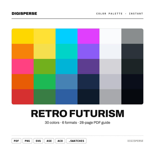 Retro Futurism Color Palette | 30 Colors | Hex RGB CMYK | Color Guide | Procreate Swatches + ASE | Digital Download