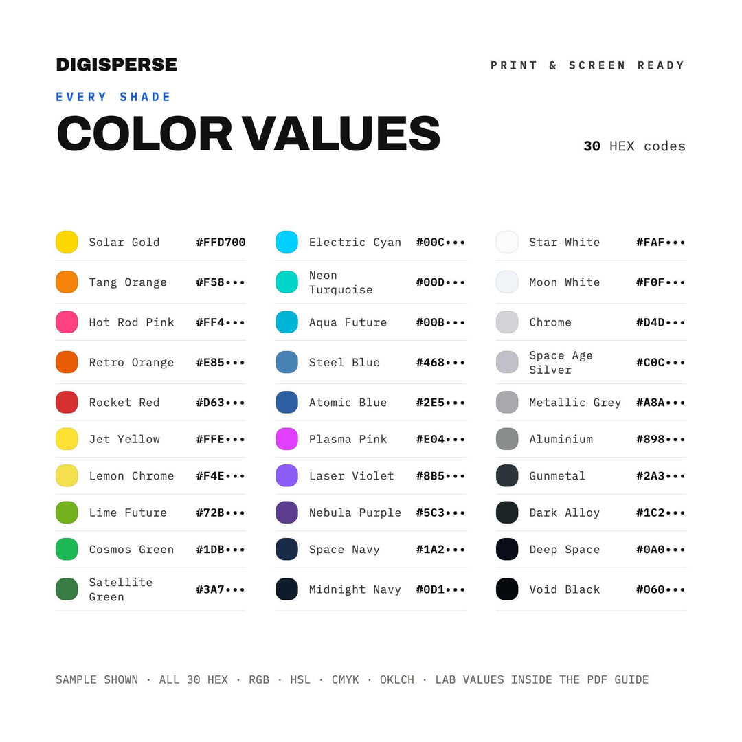 Retro Futurism Color Palette | 30 Colors | Hex RGB CMYK | Color Guide | Procreate Swatches + ASE | Digital Download