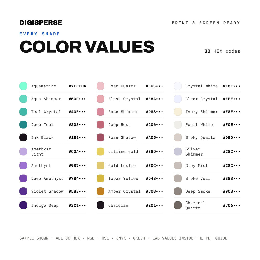 Crystal Ball Color Palette | 30 Mystical Colors, Hex RGB CMYK (Digital Download)