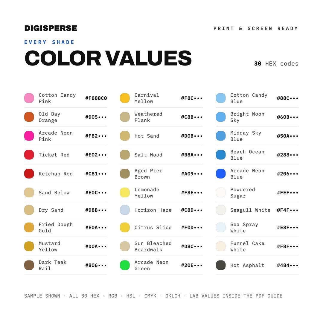 Boardwalk at Noon Color Palette | 30 Colors | Hex RGB CMYK | Procreate Swatches + ASE | Digital Download