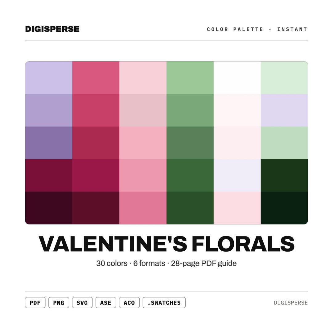 Romantic Pink Color Palette for Valentine Flower Art and Wedding Branding, 30 Floral Blush Hues, Procreate Swatches