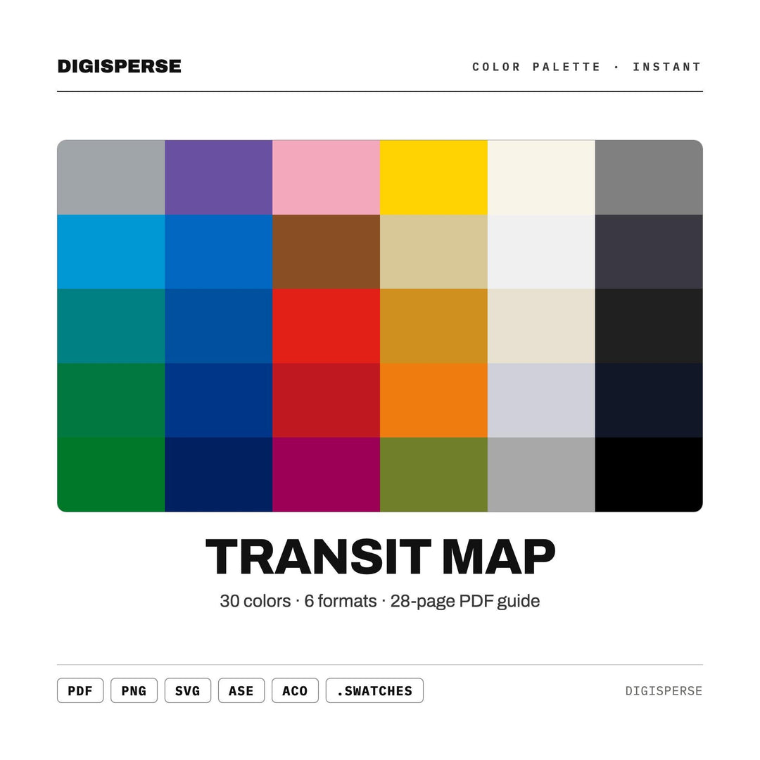 Transit Map Color Palette | 30 Curated Colors, Hex RGB CMYK (Digital Download)