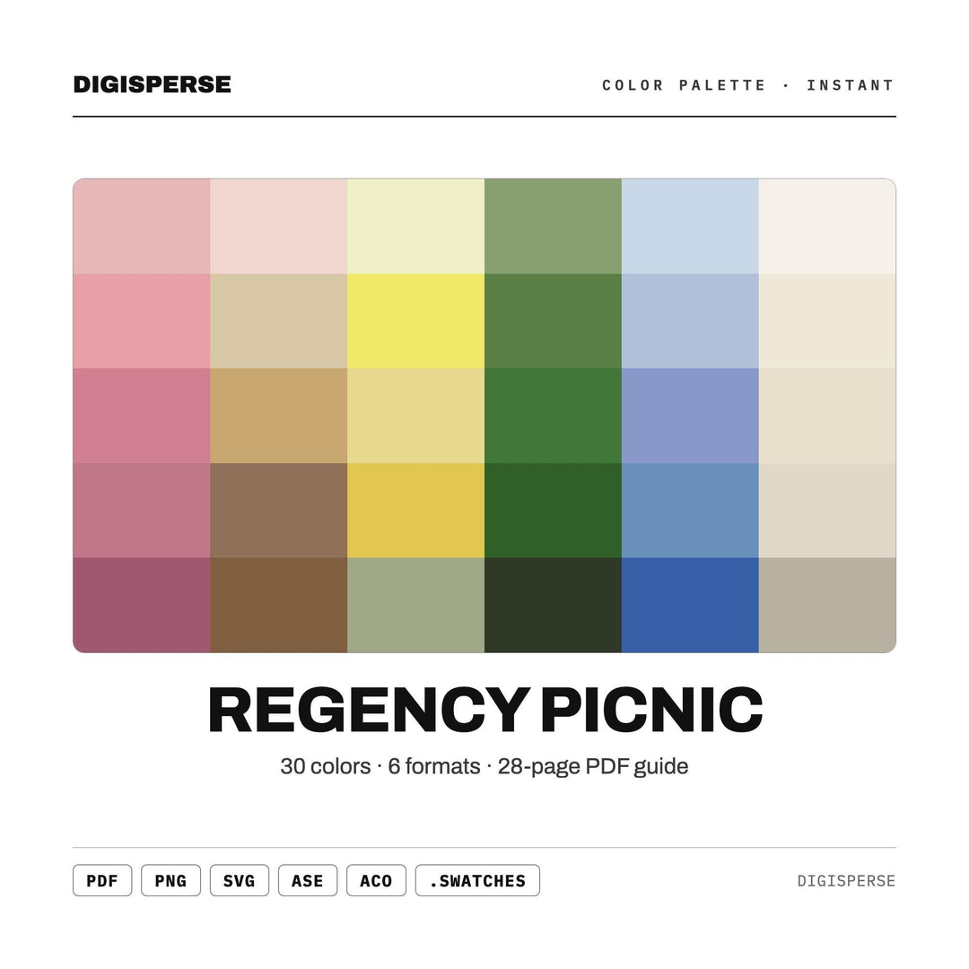 Regency Picnic Color Palette | 30 Colors | Hex RGB CMYK | Procreate Swatches + ASE | Digital Download