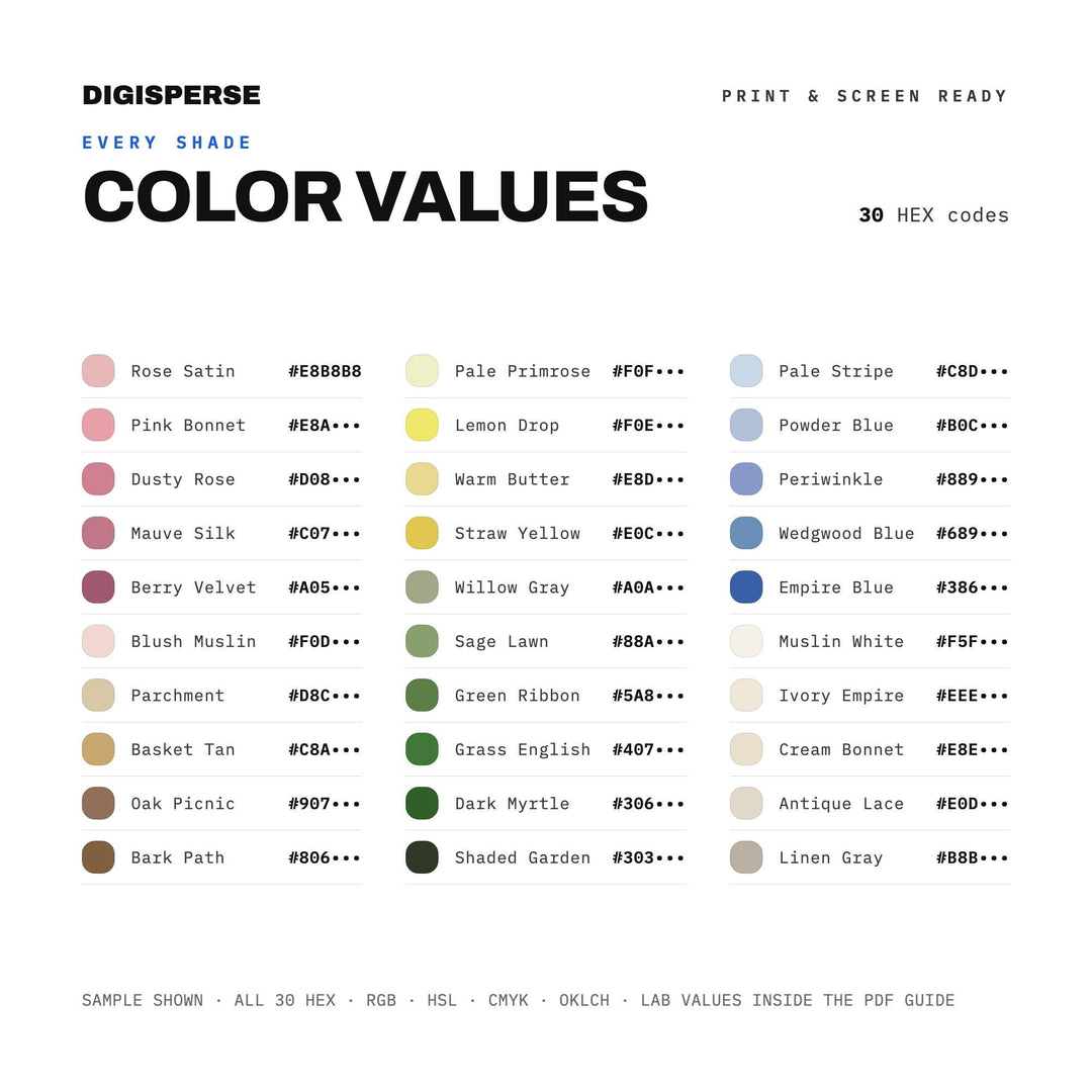 Regency Picnic Color Palette | 30 Colors | Hex RGB CMYK | Procreate Swatches + ASE | Digital Download