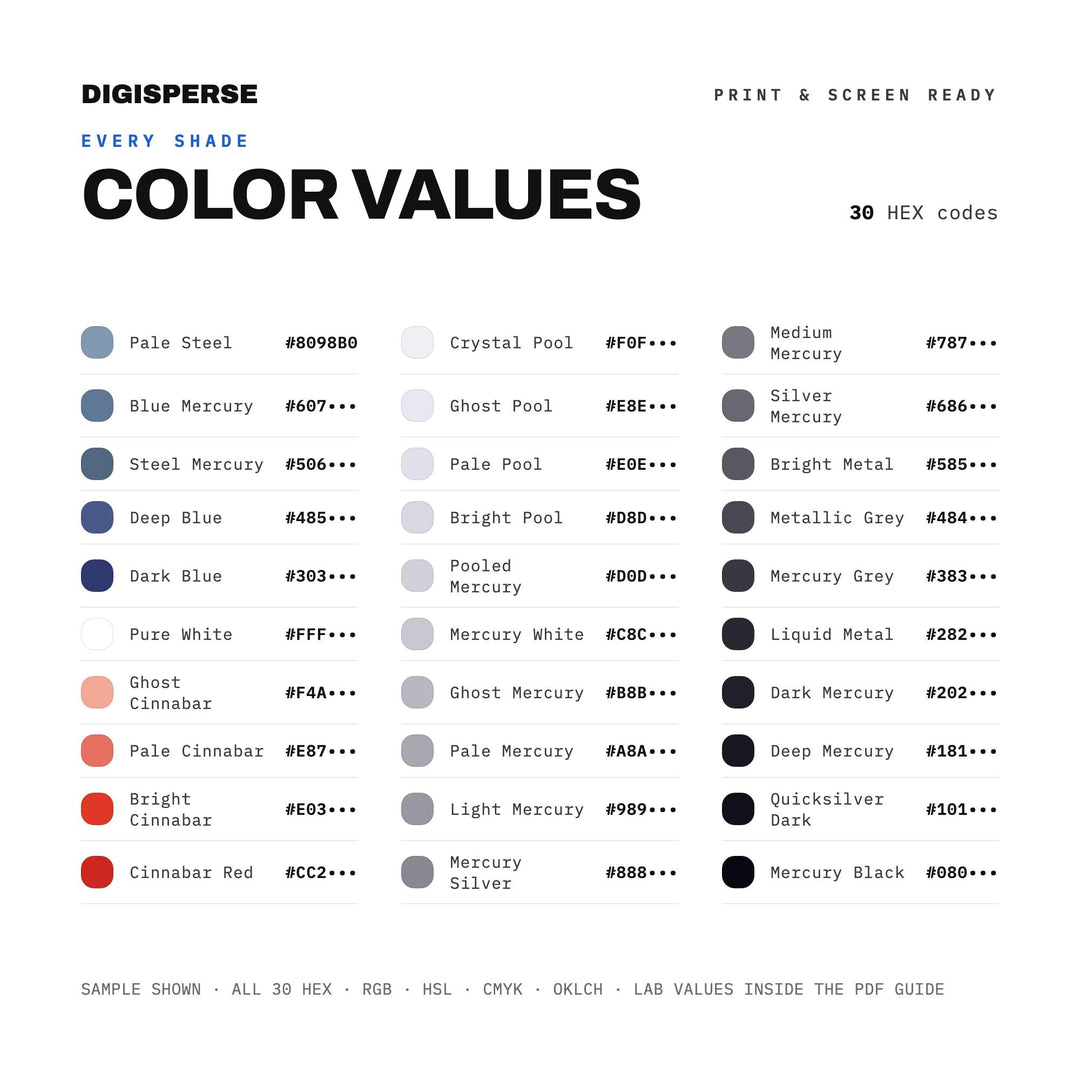 Liquid Silver Color Palette for Metallic Planet Art and Sleek Branding, 30 Mercury Chrome Hues, Procreate Swatches, Hex Codes