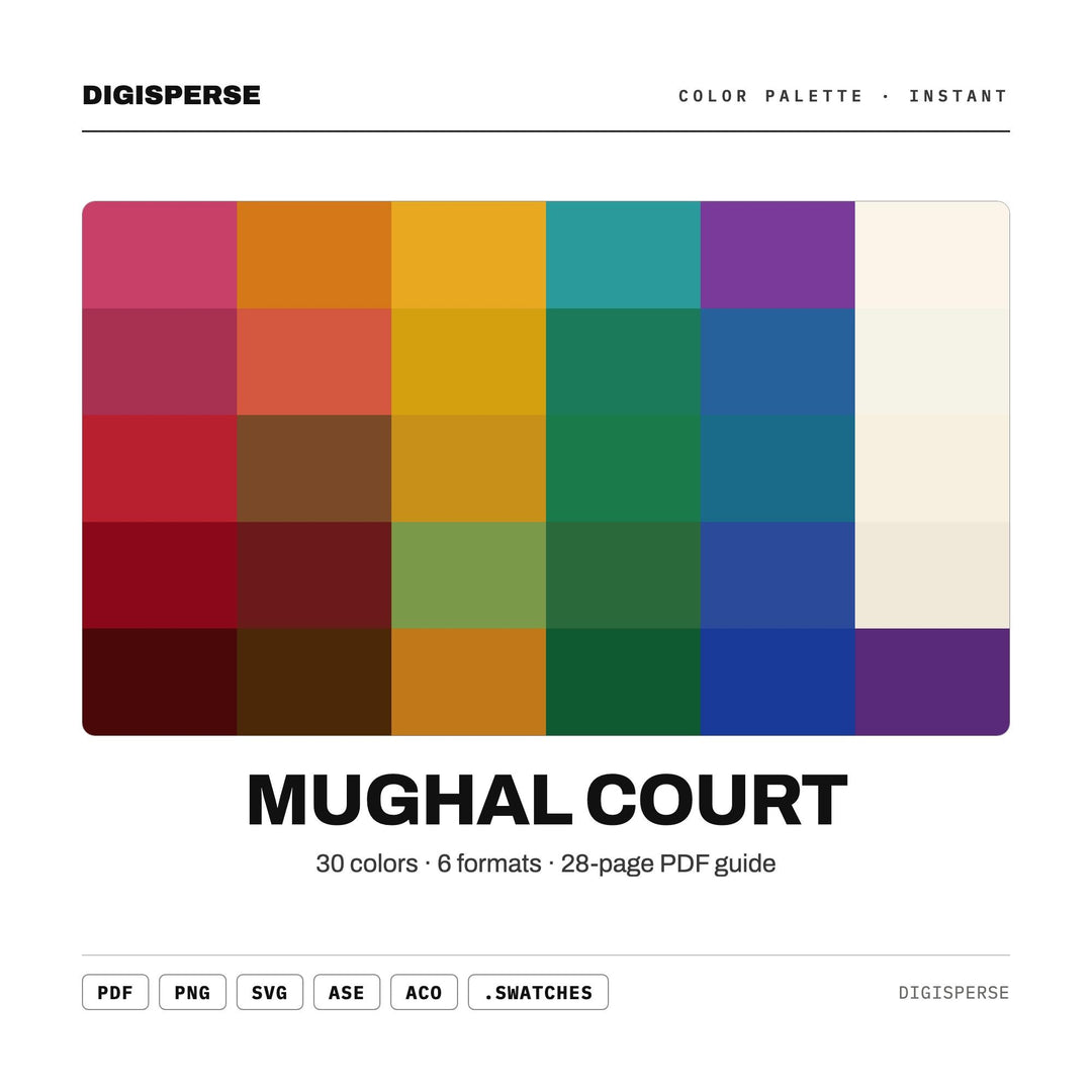 Mughal Court Color Palette | 30 Colors | Hex RGB CMYK | Color Guide | Procreate Swatches + ASE | Digital Download