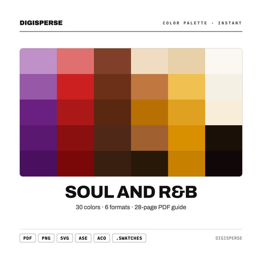 Warm Smooth Color Palette for Vintage Music Art and Soulful Branding, 30 Rhythm Groove Hues, Procreate Swatches, Hex Codes