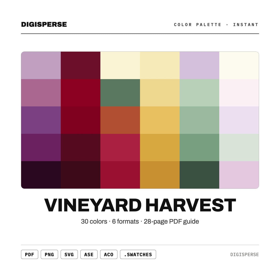 Warm Autumn Color Palette for Wine Country Art and Rustic Vineyard Branding, 30 Grape Harvest Hues, Procreate Swatches