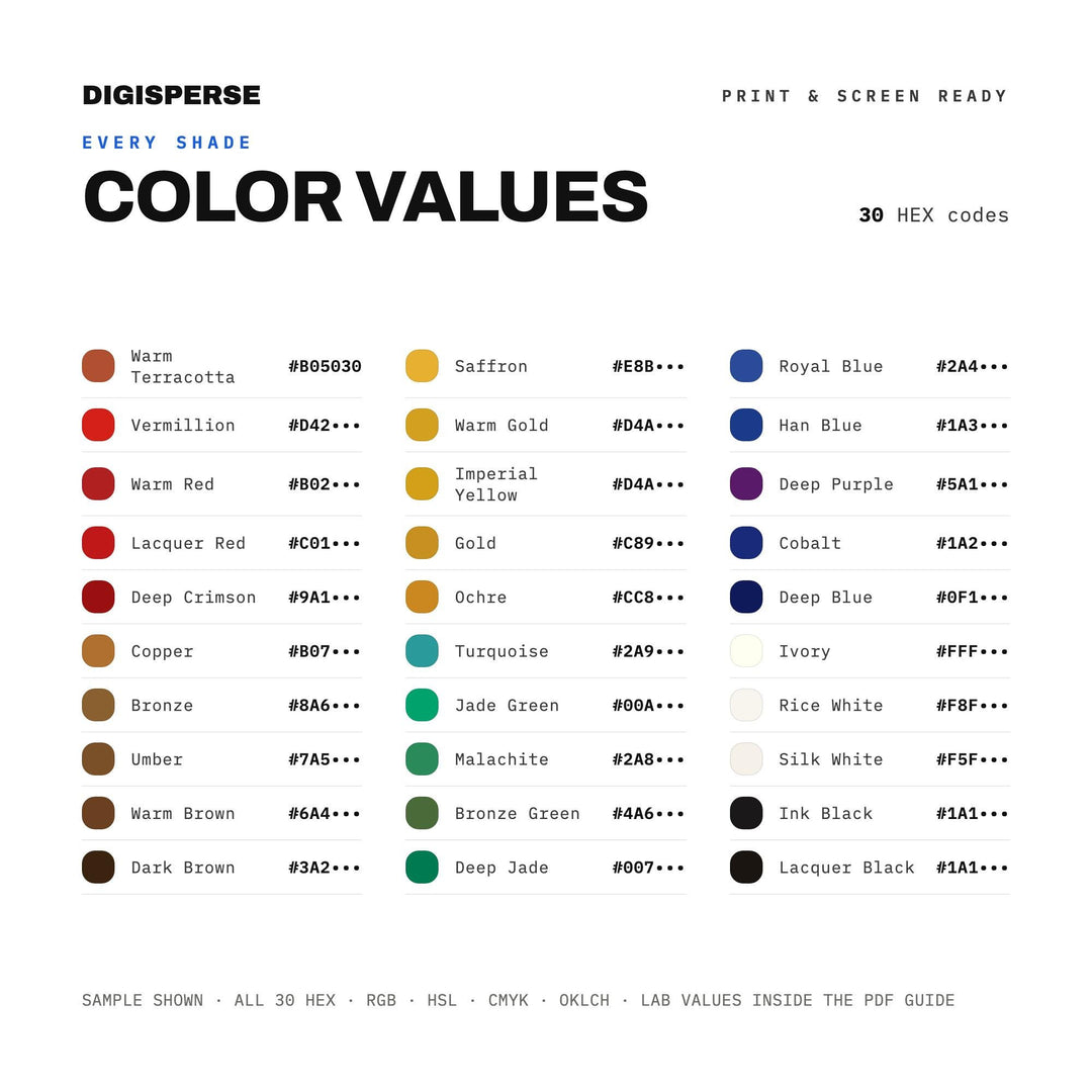 Han Dynasty Color Palette | 30 Colors | Hex RGB CMYK | Color Guide | Procreate Swatches + ASE | Digital Download