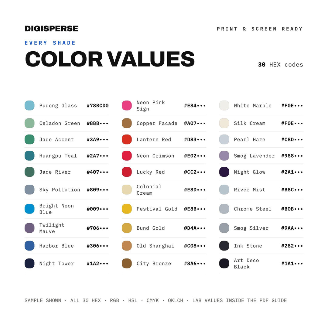 Shanghai Skyline Color Palette | 30 Colors | Hex RGB CMYK | Color Guide | Procreate Swatches + ASE | Digital Download