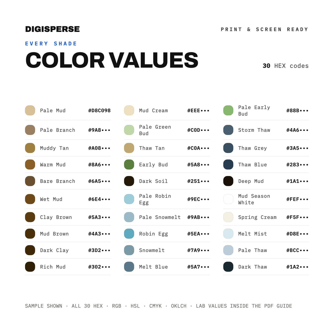 Earthy Muted Color Palette for Rustic Spring Art and Farmhouse Branding, 30 Mud Season Hues, Procreate Swatches