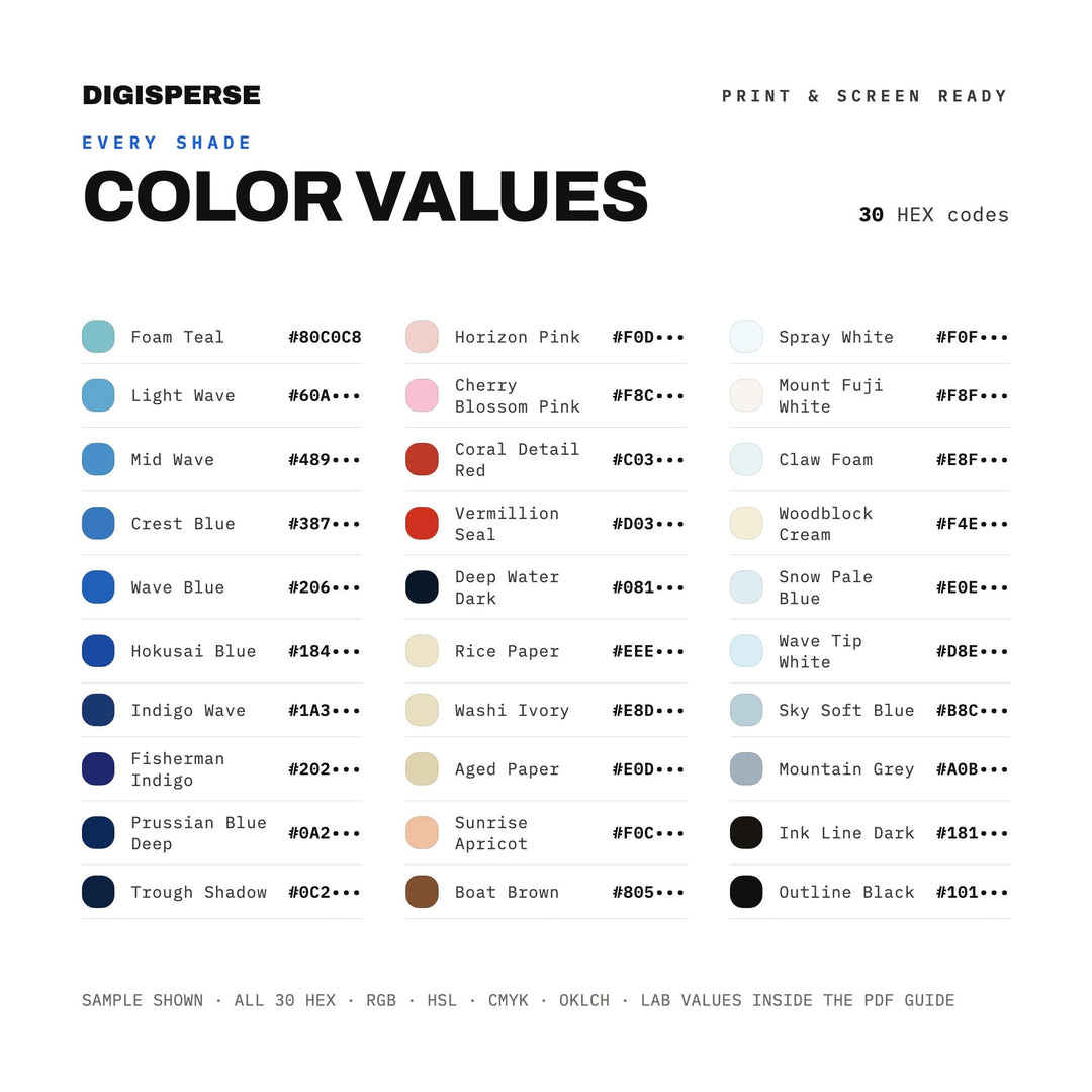 Ukiyo-e Ocean Wave Color Palette | 30 Colors | Hex RGB CMYK | Procreate Swatches + ASE | Digital Download