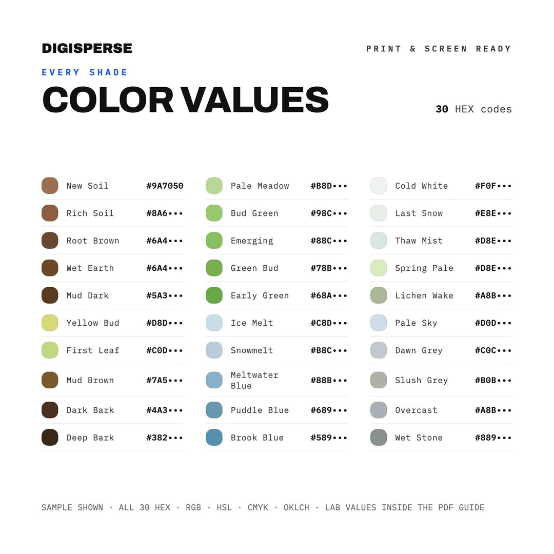 Soft Melt Color Palette for Fresh Spring Art and Seasonal Nature Branding, 30 Early Thaw Pastel Hues, Procreate Swatches, Hex Codes