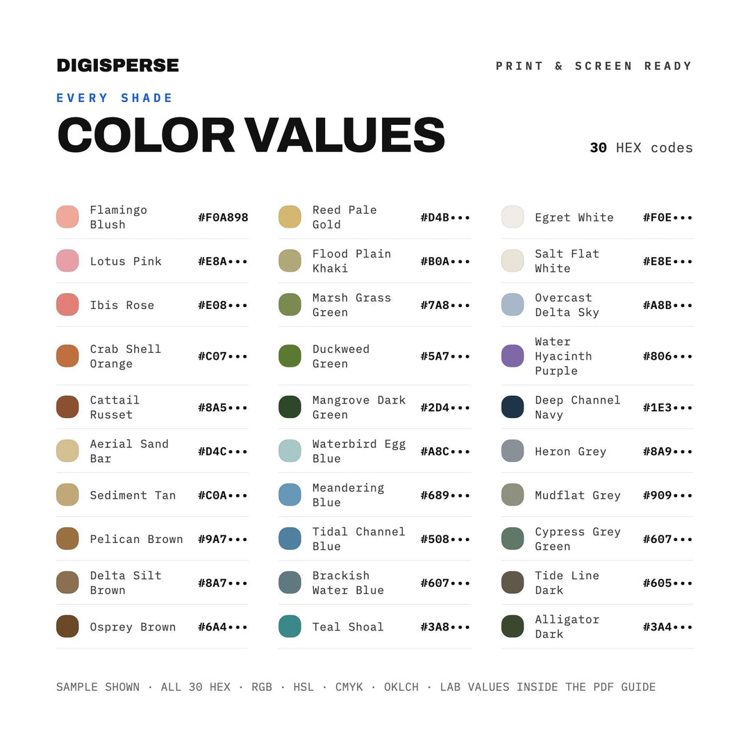 River Delta Birds Eye Color Palette | 30 Colors | Hex RGB CMYK | Procreate Swatches + ASE | Digital Download
