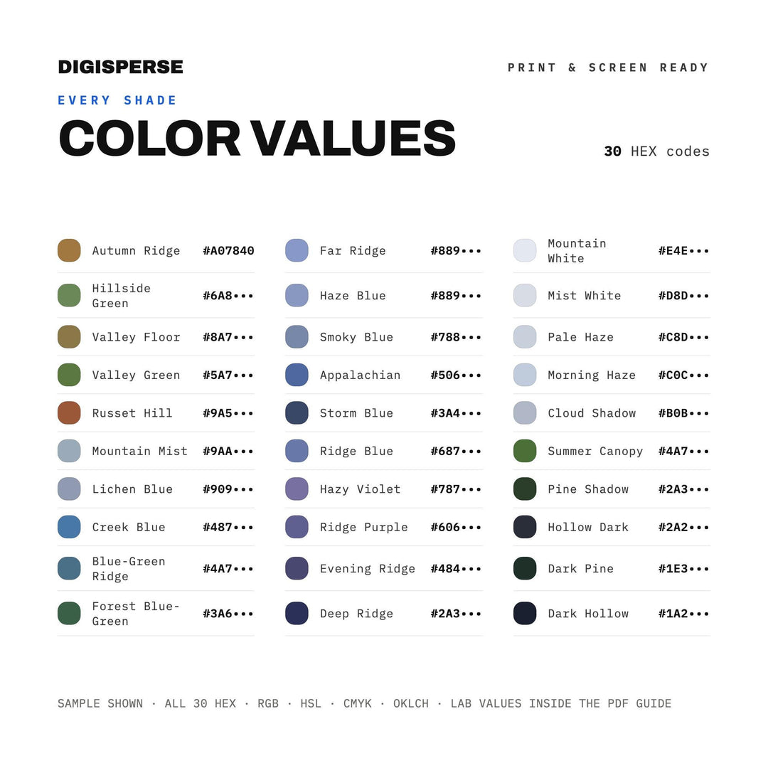Blue Ridge Mountains Color Palette | 30 Procreate Swatches, ASE Guide (Digital Download)