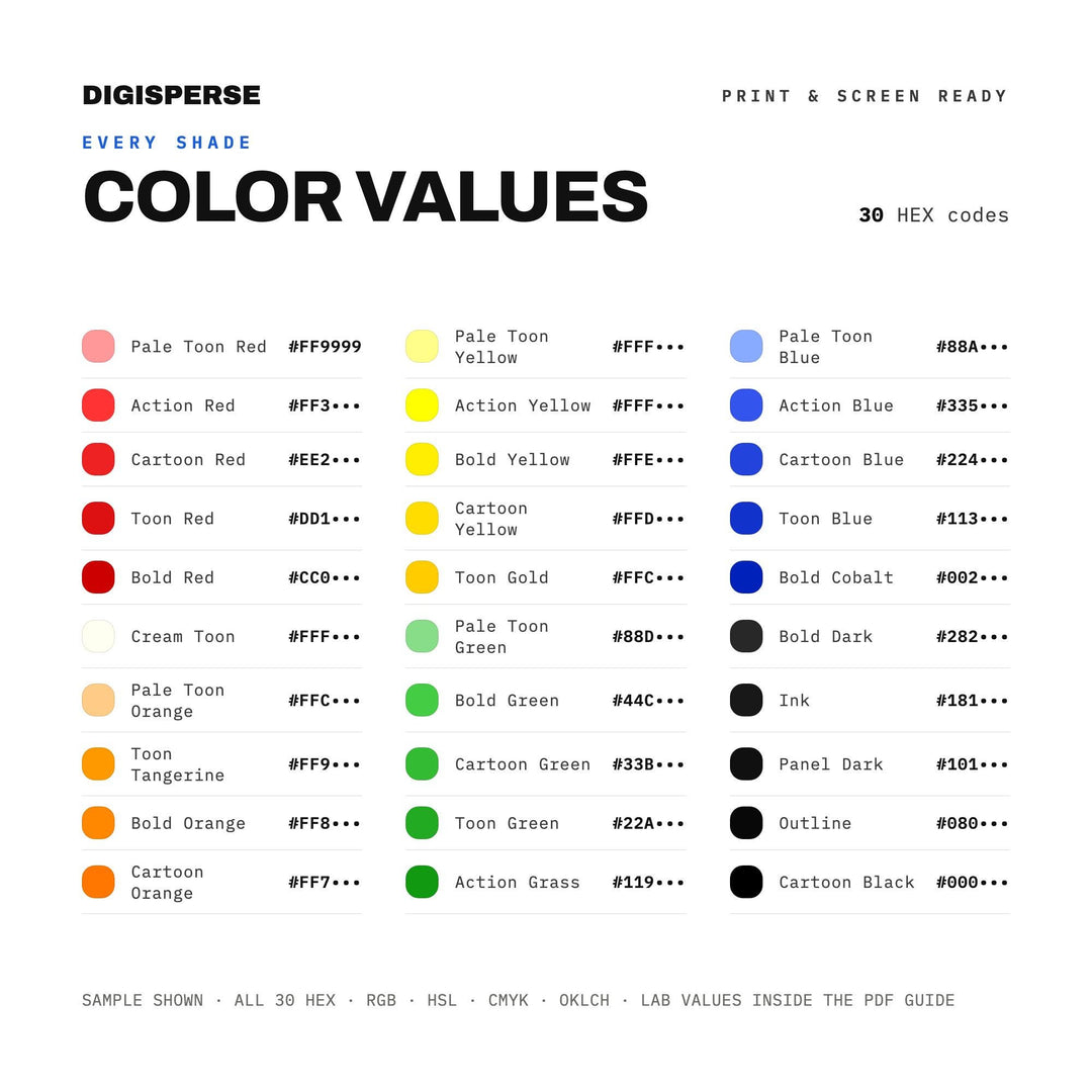 Retro Cartoon Color Palette | 30 Procreate Swatches, HEX, RGB, CMYK (Digital Download)