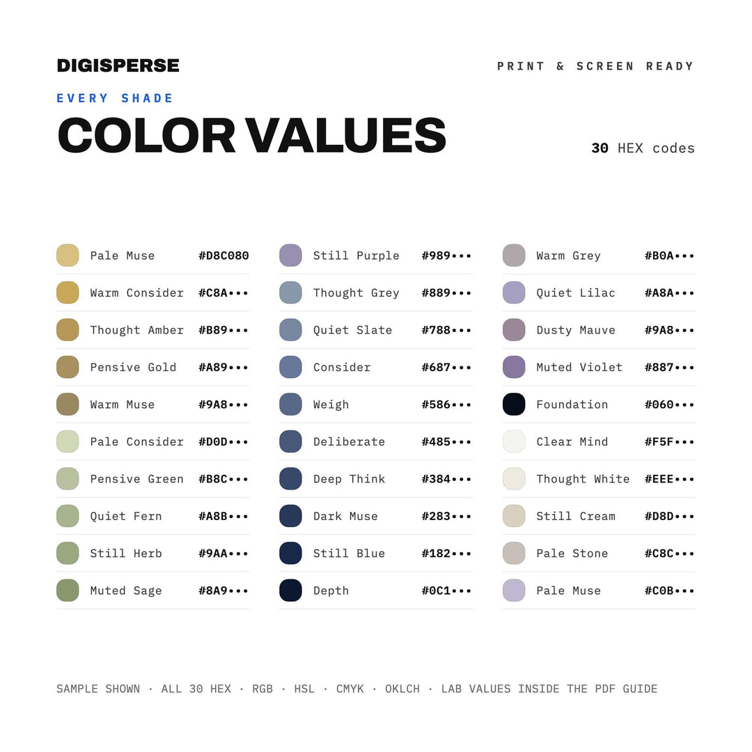Muted Blue Color Palette for Thoughtful Portrait Art and Reflective Branding, 30 Pensive Quiet Hues, Procreate Swatches, Hex Codes