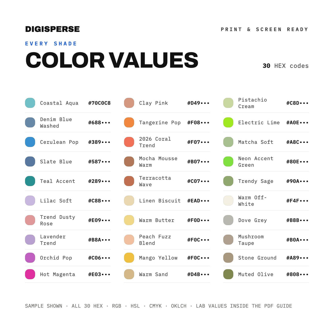 Summer 2026 Color Palette | 30 Colors | Hex RGB CMYK | Procreate Swatches + ASE | Digital Download