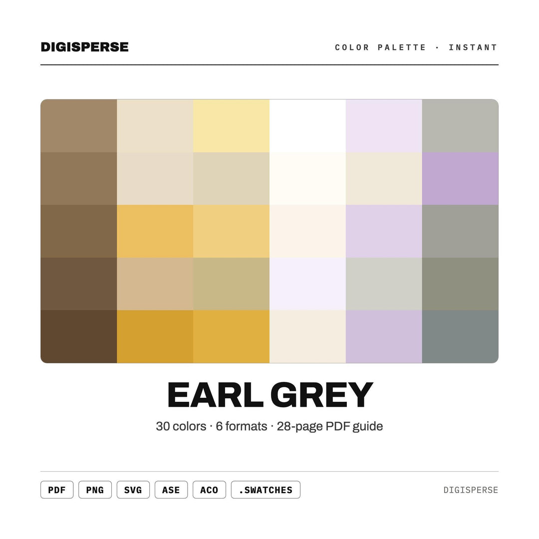 Soft Tea Inspired Color Palette for Calm Branding and Cozy Kitchen Art, 30 Earl Grey Neutral Hues, Procreate Swatches, Hex Codes