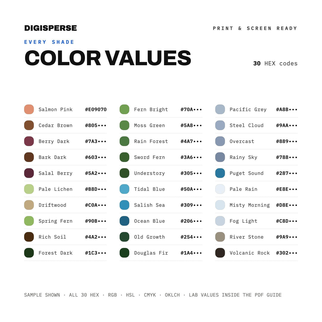 Pacific Northwest Color Palette | 30 Colors | Hex RGB CMYK | Color Guide | Procreate Swatches + ASE | Digital Download